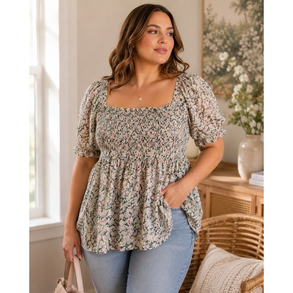 TORRID Floral Smocked Babydoll Top Size 1 1X 14/16 Puff Sleeve Cottagecore